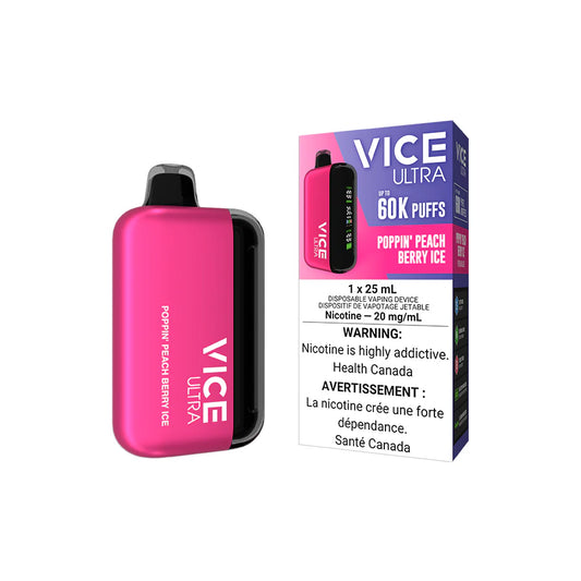 Vice Ultra Disposable device in Poppin' Peach Berry Ice flavor, offering 60k puffs and juicy peach and berry blend.