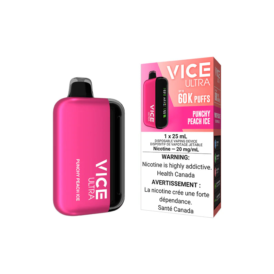 Vice Ultra Disposable in Punchy Peach Ice flavor with 25mL e-liquid and 60K puffs, ideal for a vibrant vaping experience.