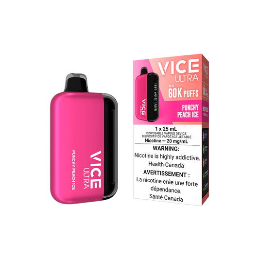 Vice Ultra Disposable in Punchy Peach Ice flavor with 25mL e-liquid and 60K puffs, ideal for a vibrant vaping experience.