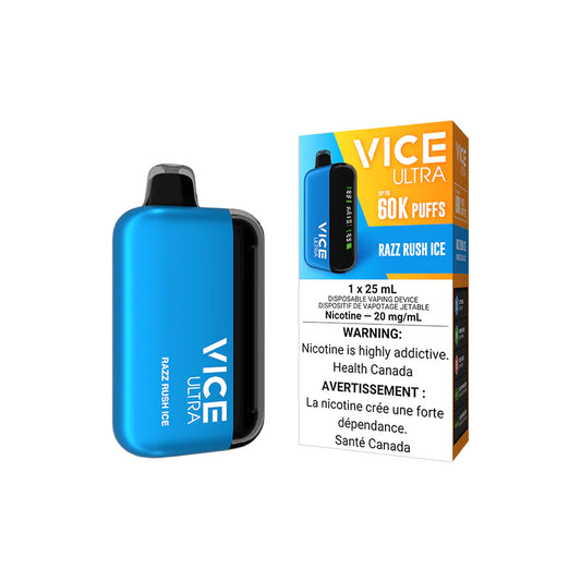 Vice Ultra Disposable - Razz Rush Ice vape device with packaging showcasing nicotine and flavor details.