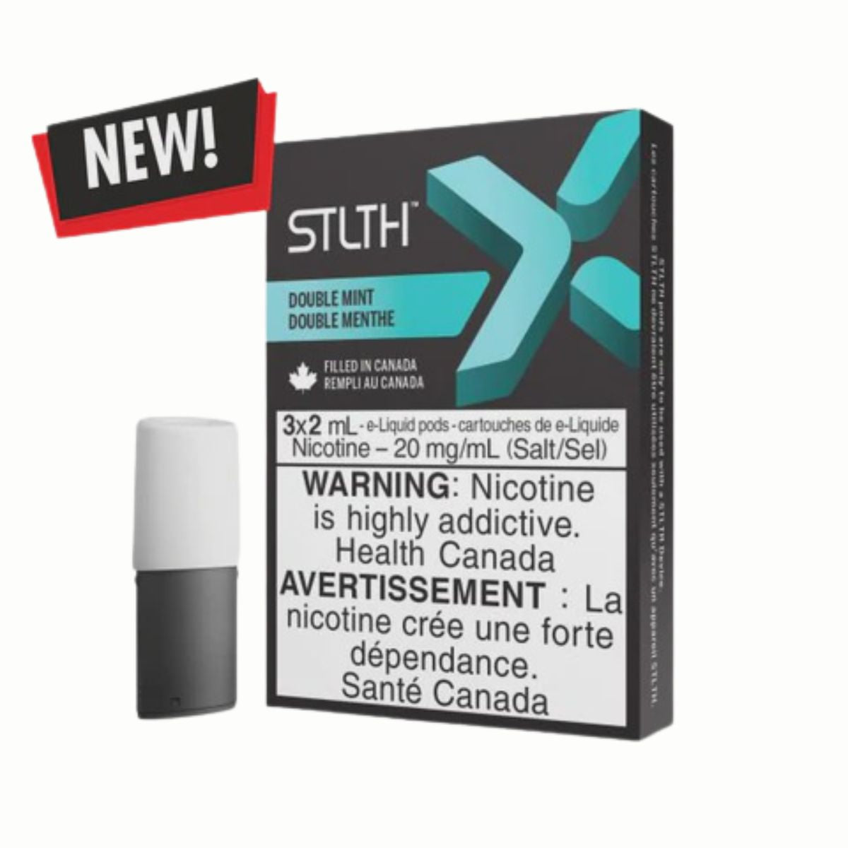Packaging for STLTH X Double Mint Pods featuring a box and a disposable vape pod with product information and warnings about nicotine content.