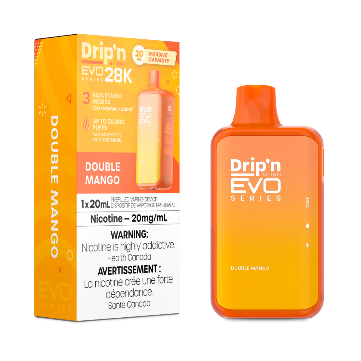Drip'n EVO 28K Double Mango disposable vape featuring tropical mango flavor and adjustable modes.