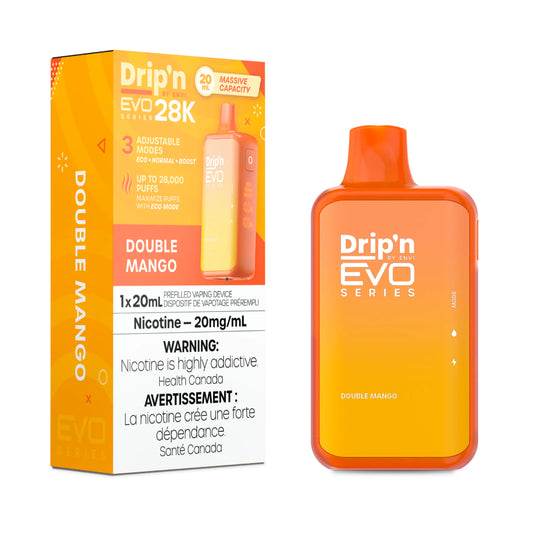 Drip'n EVO 28K Double Mango disposable vape featuring tropical mango flavor and adjustable modes.
