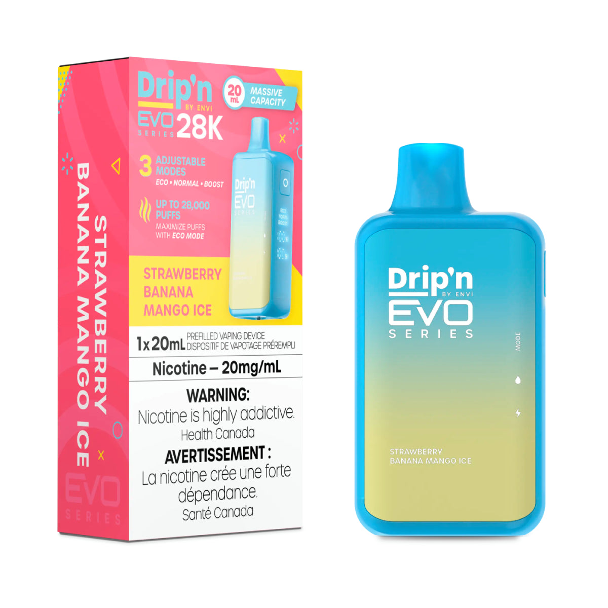 Drip'n EVO 28K disposable vape featuring strawberry banana mango ice flavor with adjustable modes and high capacity.