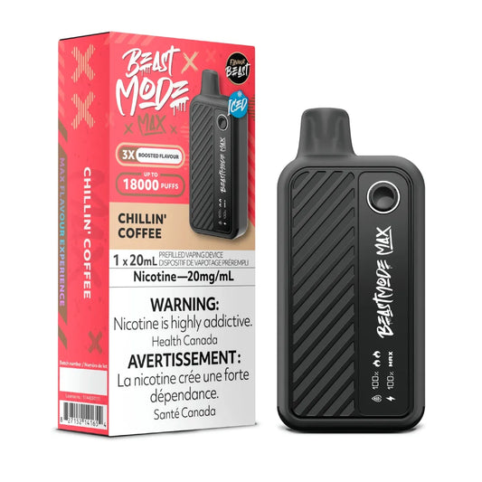 Flavour Beast Beast Mode Max Chillin’ Coffee disposable vape — up to 18,000 puffs of rich iced coffee flavor, with adjustable power modes and sleek battery display.