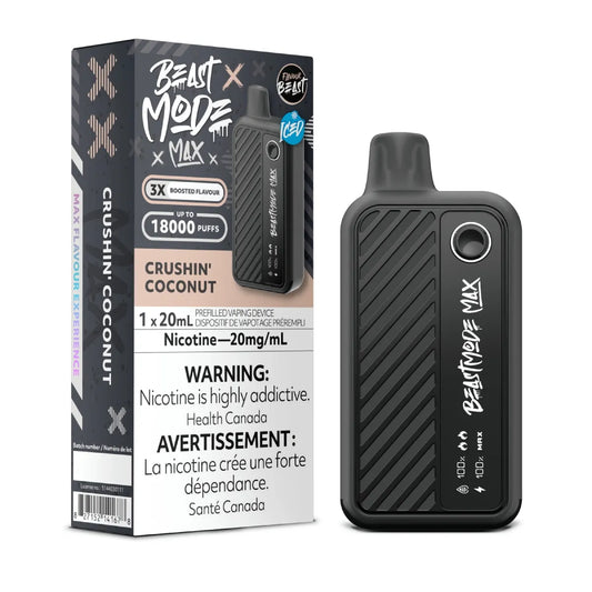 Flavour Beast Beast Mode Max Crushin’ Coconut disposable vape — up to 18,000 puffs of creamy tropical coconut flavor with adjustable modes, LED screen, and sleek rechargeable design.