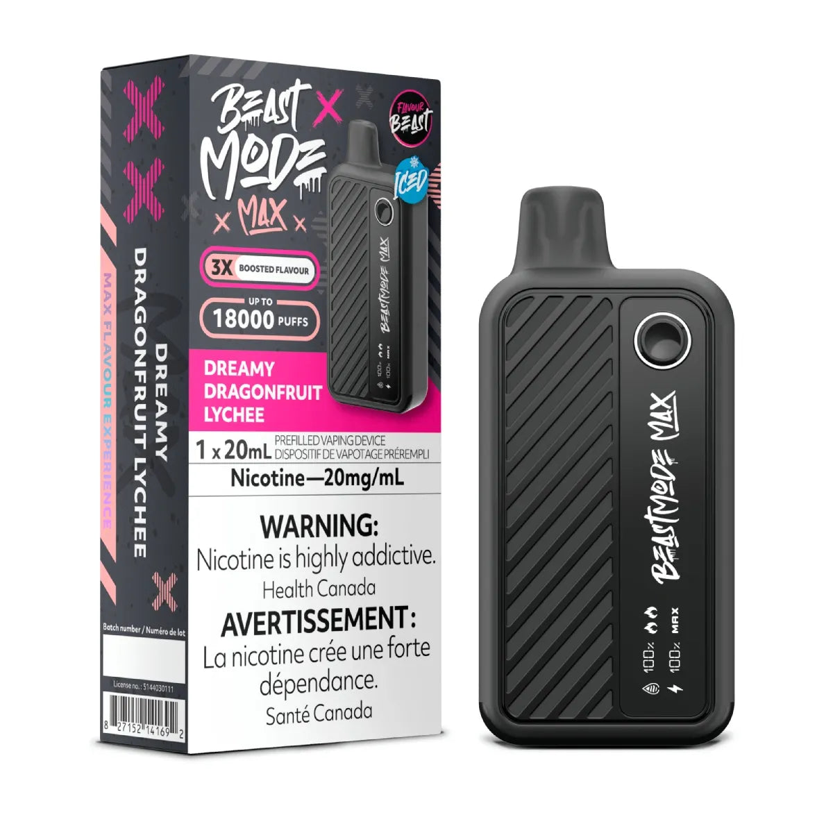 Flavour Beast Beast Mode Max Dreamy Dragonfruit Lychee disposable vape — up to 18,000 puffs of exotic dragonfruit and lychee blend with adjustable modes and LED display.