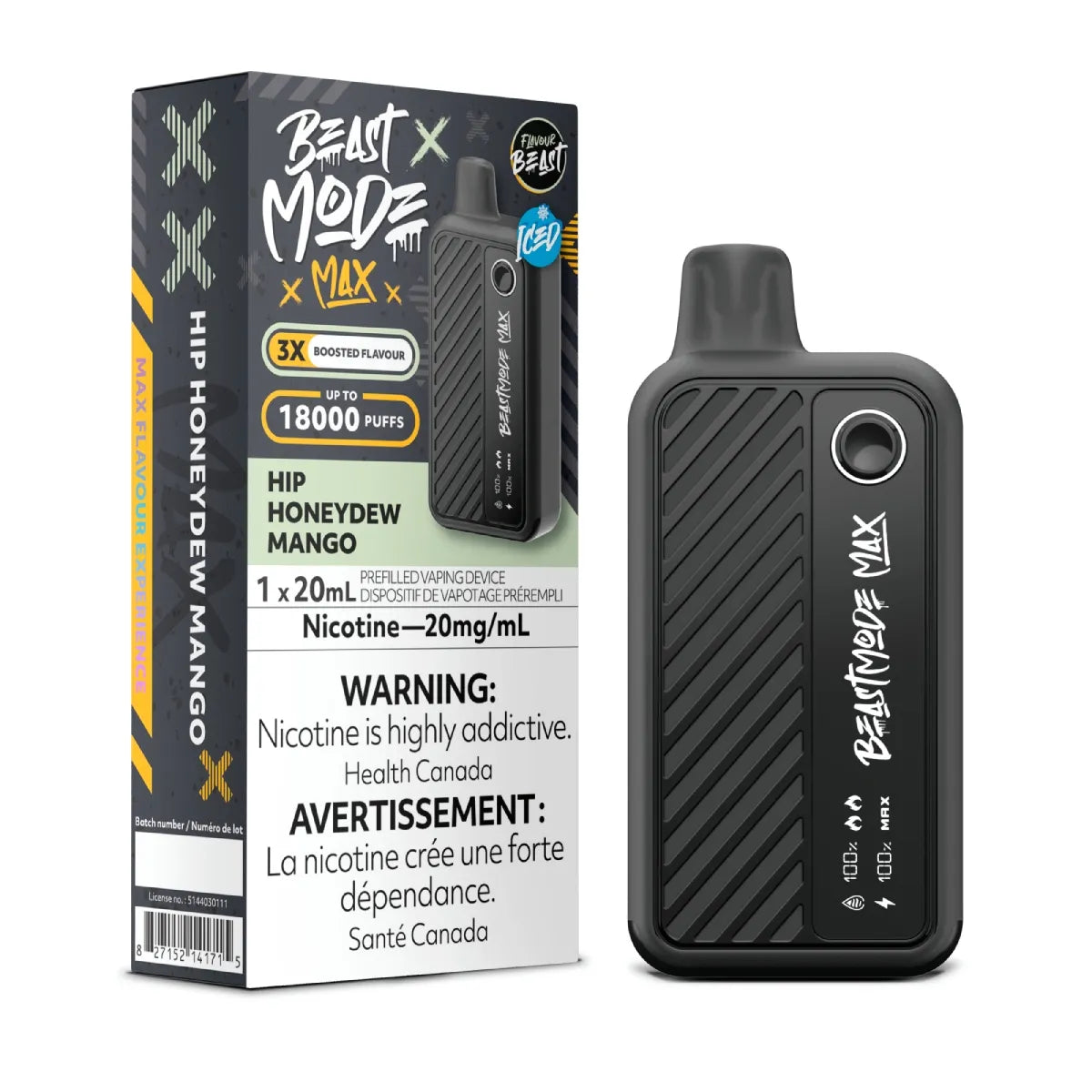 Flavour Beast Beast Mode Max Hip Honeydew Mango disposable vape offers up to 18,000 puffs of sweet honeydew and tropical mango flavor with adjustable modes and LED display.