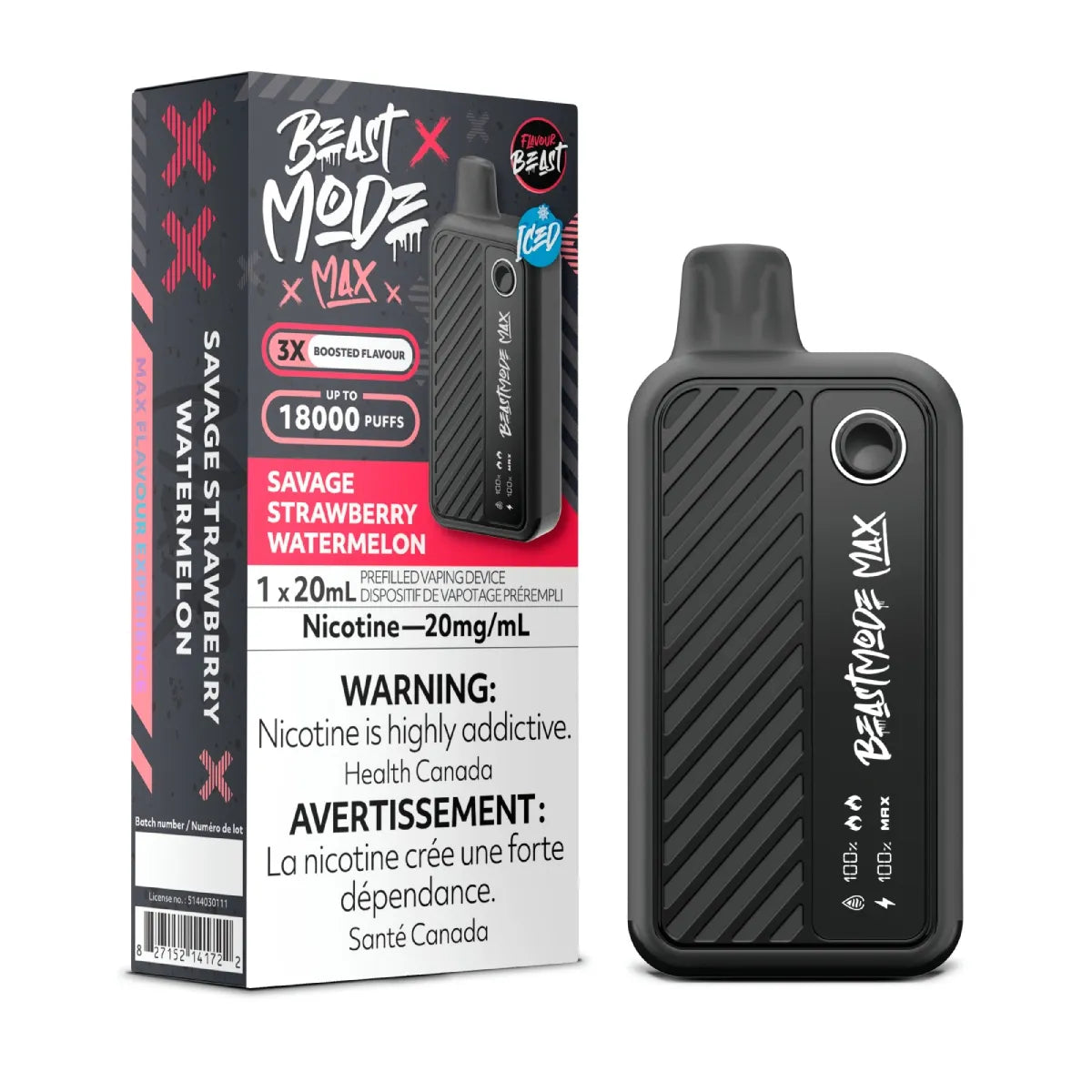 Flavour Beast Beast Mode Max Savage Strawberry Watermelon disposable vape — up to 18,000 puffs of bold strawberry and juicy watermelon flavor, with LED display, adjustable modes, and rechargeable design.