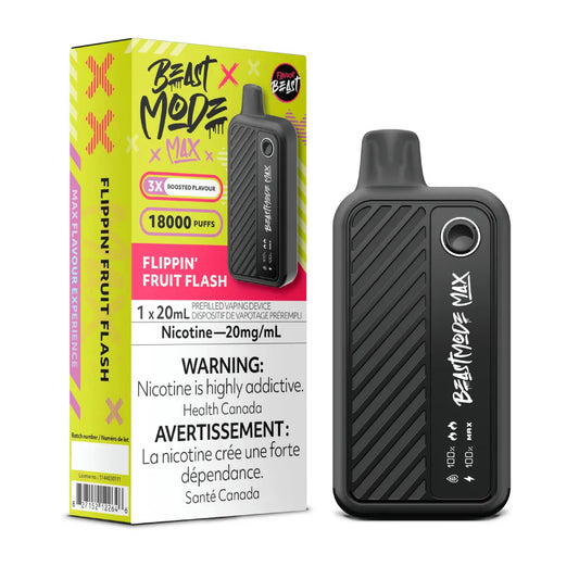 Flavour Beast Beast Mode Max Flippin' Fruit Flash disposable vape offers up to 18,000 puffs of vibrant mixed fruit flavor with adjustable modes and LED display.