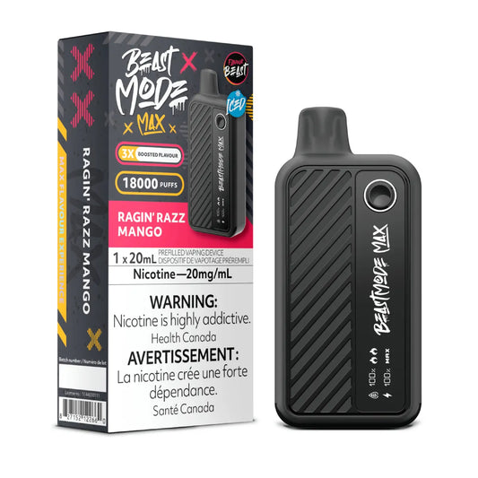 Flavour Beast Beast Mode Max Ragin' Razz Mango disposable vape offers up to 18,000 puffs of tangy raspberry and sweet mango flavor with adjustable modes and LED display.