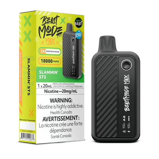 Flavour Beast Beast Mode Max Slammin’ Ts disposable vape — up to 18,000 puffs of bold and juicy fruit punch flavor, complete with LED display, adjustable modes, and sleek rechargeable design.