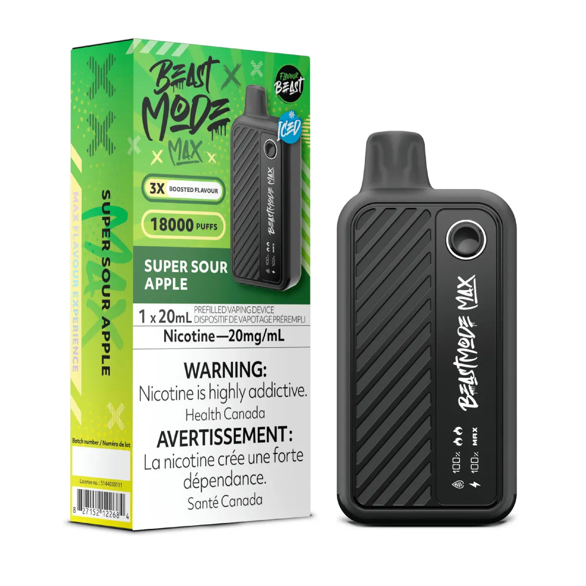 Flavour Beast Beast Mode Max Super Sour Apple disposable vape – up to 18,000 puffs of tangy sour green apple flavor, with adjustable modes, LED screen, and sleek rechargeable design.