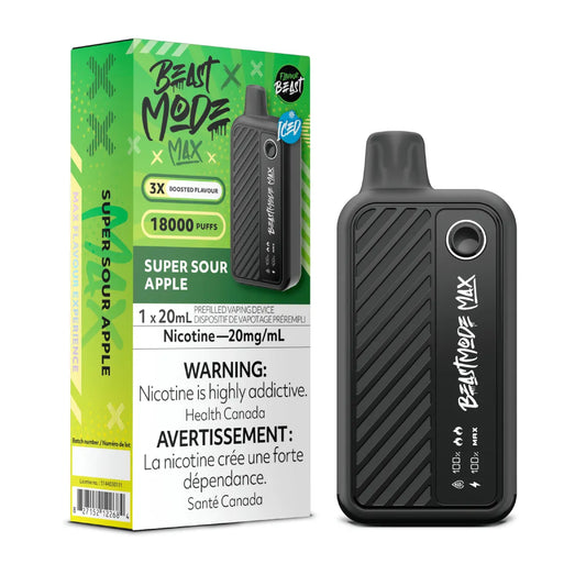 Flavour Beast Beast Mode Max Super Sour Apple disposable vape – up to 18,000 puffs of tangy sour green apple flavor, with adjustable modes, LED screen, and sleek rechargeable design.