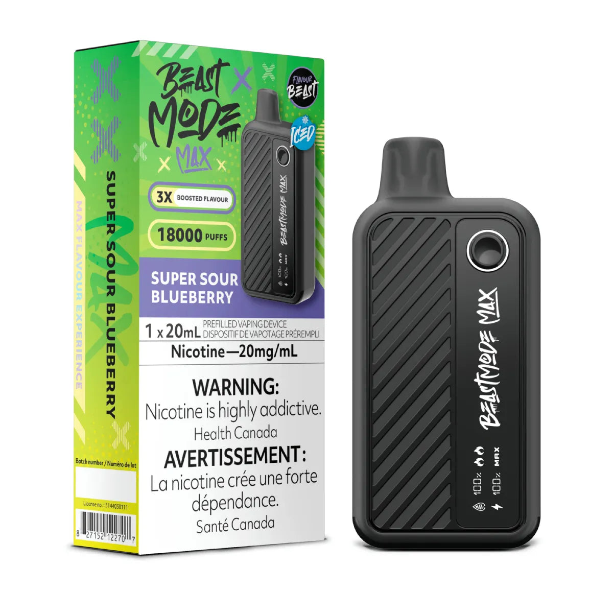 Flavour Beast Beast Mode Max Super Sour Blueberry disposable vape — up to 18,000 puffs of tangy sour blueberry flavor, with adjustable modes, LED display, and rechargeable design.