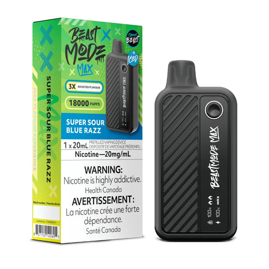 Flavour Beast Beast Mode Max Super Sour Blue Razz disposable vape — up to 18,000 puffs of tart blue raspberry flavor, with adjustable modes, LED screen, and sleek recharge design.