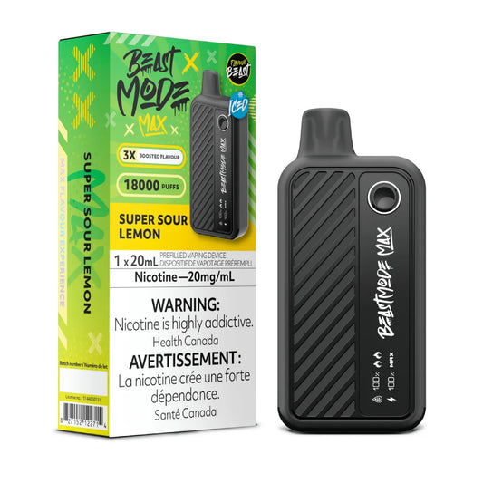 Flavour Beast Beast Mode Max Super Sour Lemon disposable vape — up to 18,000 puffs of tangy sour lemon flavor, with adjustable modes, LED display, and sleek rechargeable design.
