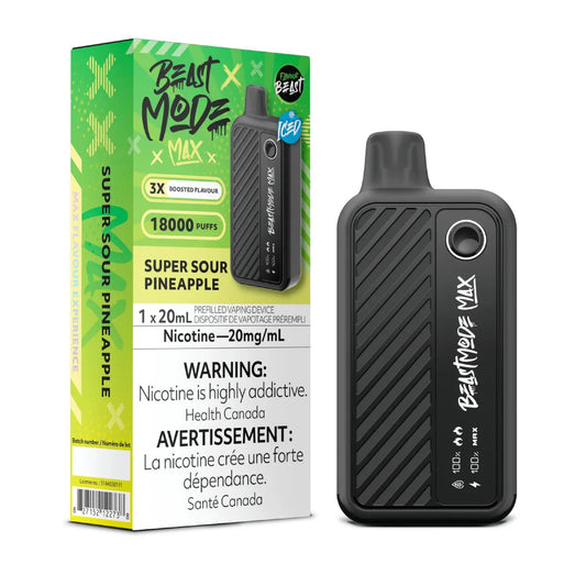 Flavour Beast Beast Mode Max Super Sour Pineapple disposable vape featuring bold tropical flavor, smooth draw, and high puff performance in a sleek design