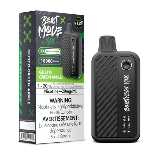 Flavour Beast Beast Mode Max Gusto Green Apple disposable vape offers up to 18,000 puffs of crisp green apple flavor with adjustable modes and LED display.