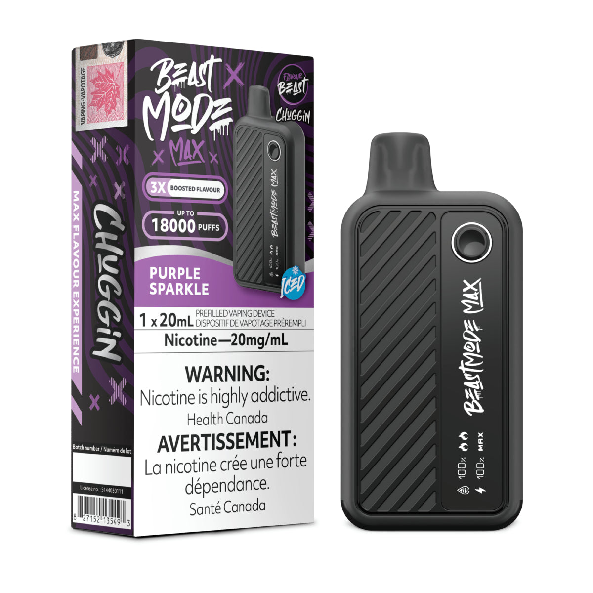 Flavour Beast Beast Mode Max Purple Sparkle disposable vape — up to 18,000 puffs of sweet purple berry flavor, with LED display, adjustable modes, and sleek rechargeable design.