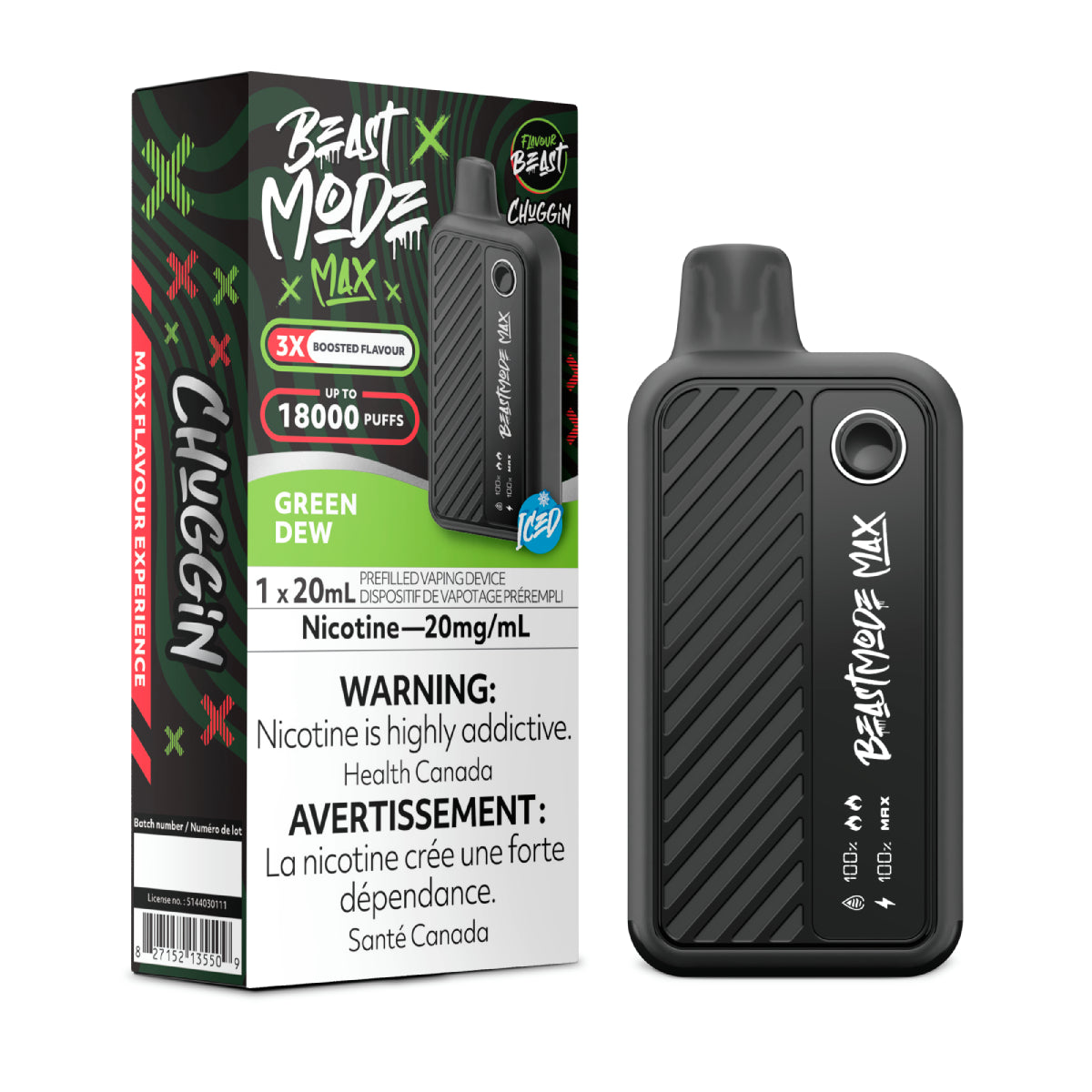 Flavour Beast Beast Mode Max Green Dew disposable vape — up to 18,000 puffs of green fruits with LED display, adjustable modes & sleek rechargeable design.