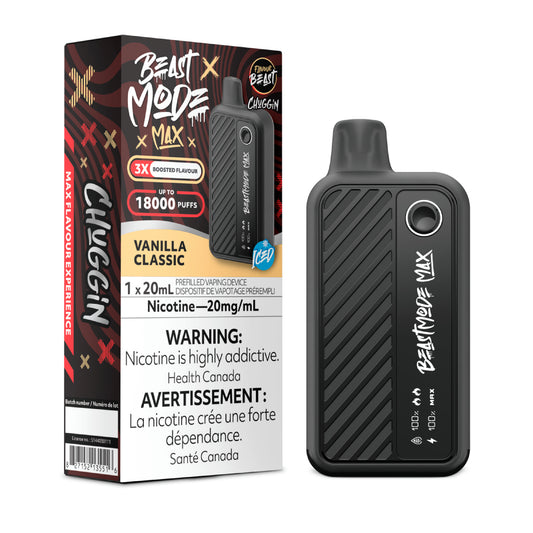 Flavour Beast Beast Mode Max Vanilla Classic disposable vape — up to 18,000 puffs of smooth vanilla flavor with LED display, adjustable modes, and sleek rechargeable design.