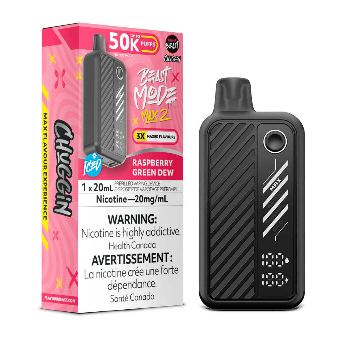 Flavour Beast Beast Mode Max 2 Raspberry Green Dew disposable vape delivering tart raspberry and citrus dew flavor, up to 50,000 puffs, sleek design.