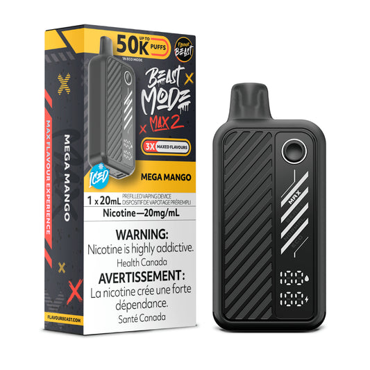 Flavour Beast Beast Mode Max 2 Mega Mango disposable vape delivering ripe mango flavour, up to 50 000 puffs, sleek high-performance design with display and modes.
