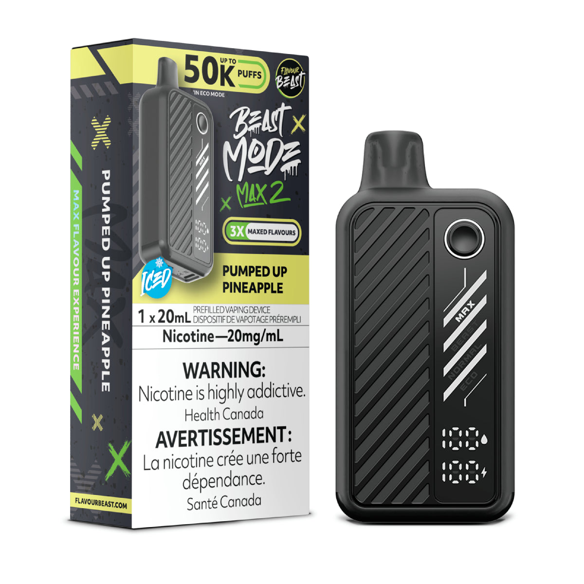 Flavour Beast Beast Mode Max 2 Pumped Up Pineapple disposable vape showcasing juicy pineapple flavour, up to 50,000 puffs, sleek high-performance design.