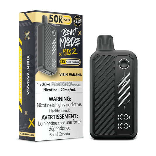 Flavour Beast Beast Mode Max 2 Vibin’ Vanana disposable vape delivering creamy banana and vanilla flavour, up to 50,000 puffs, sleek high-performance design.