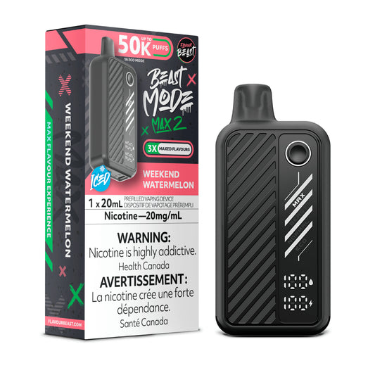 Flavour Beast Beast Mode Max 2 Weekend Watermelon Iced disposable vape delivering sweet watermelon flavor with icy finish, up to 50,000 puffs, sleek design.