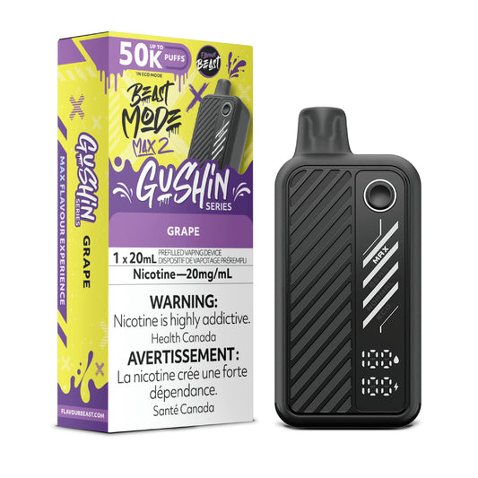 Flavour Beast Beast Mode Max 2 Gushin Grape disposable vape combining juicy grape flavour, up to 50 000 puffs, and sleek modern design.