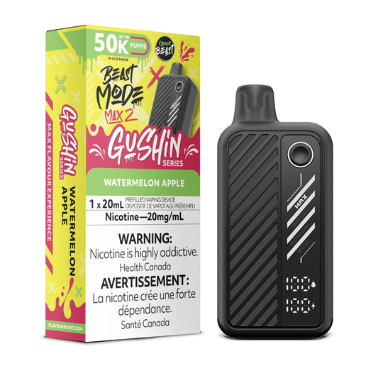 Flavour Beast Beast Mode Max 2 Gushin Watermelon Apple disposable vape with juicy watermelon and crisp apple blend, up to 50,000 puffs, sleek high-performance design.