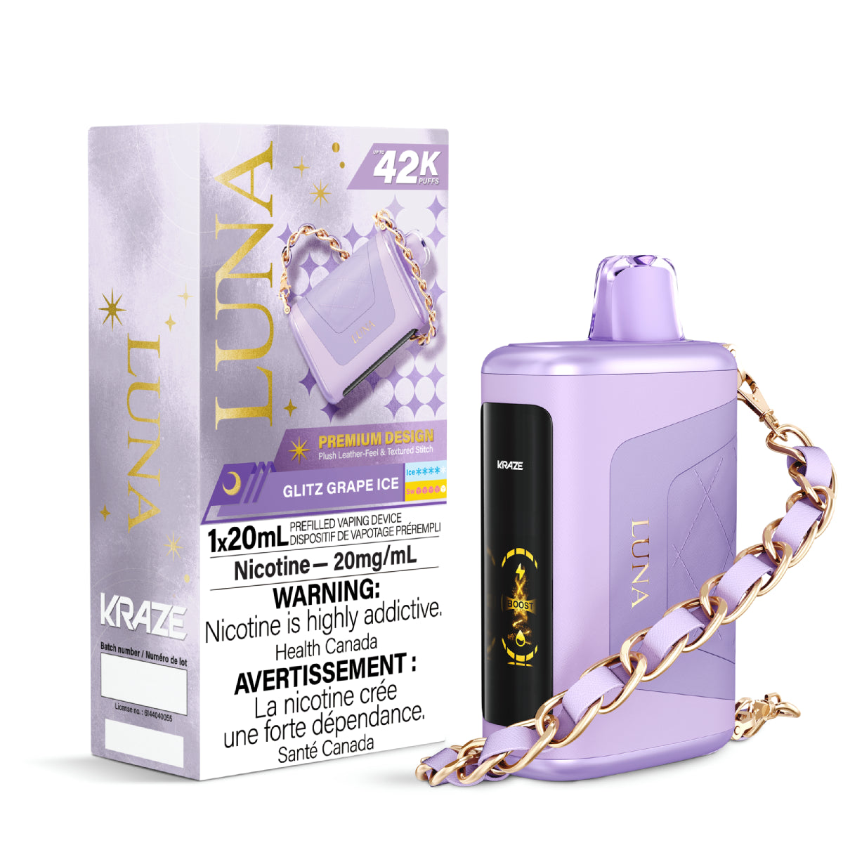 Kraze Luna 42K Disposable Vape – ultra-capacity 42,000-puff device with high-performance dual mesh coil, OLED screen, Type-C recharge and premium luxury finish.