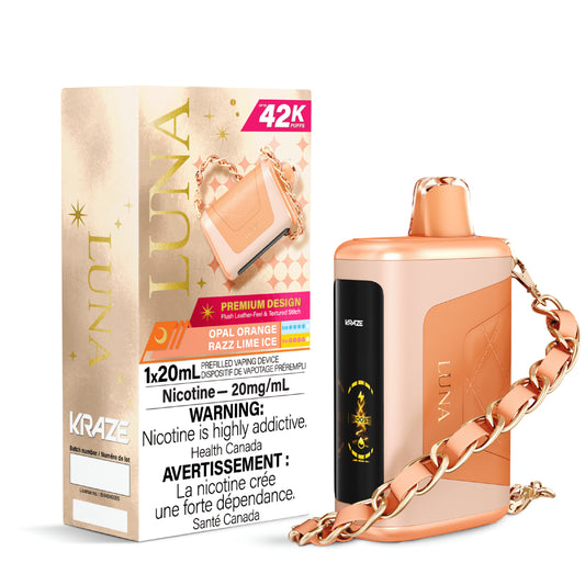 Kraze Luna 42K Disposable Vape – ultra-capacity 42,000-puff device with high-performance dual mesh coil, OLED screen, Type-C recharge and premium luxury finish.