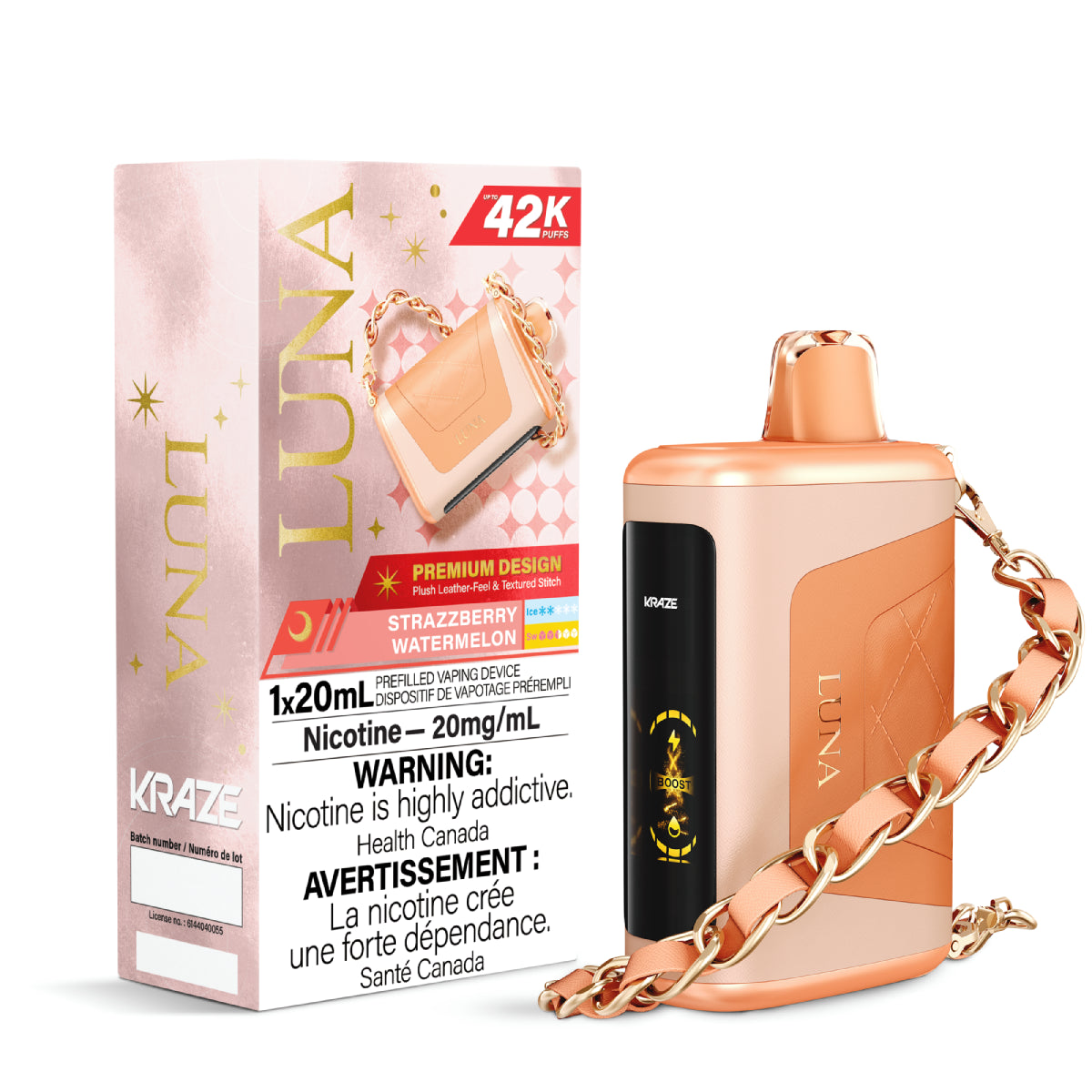 Kraze Luna 42K Disposable Vape – ultra-capacity 42,000-puff device with high-performance dual mesh coil, OLED screen, Type-C recharge and premium luxury finish.