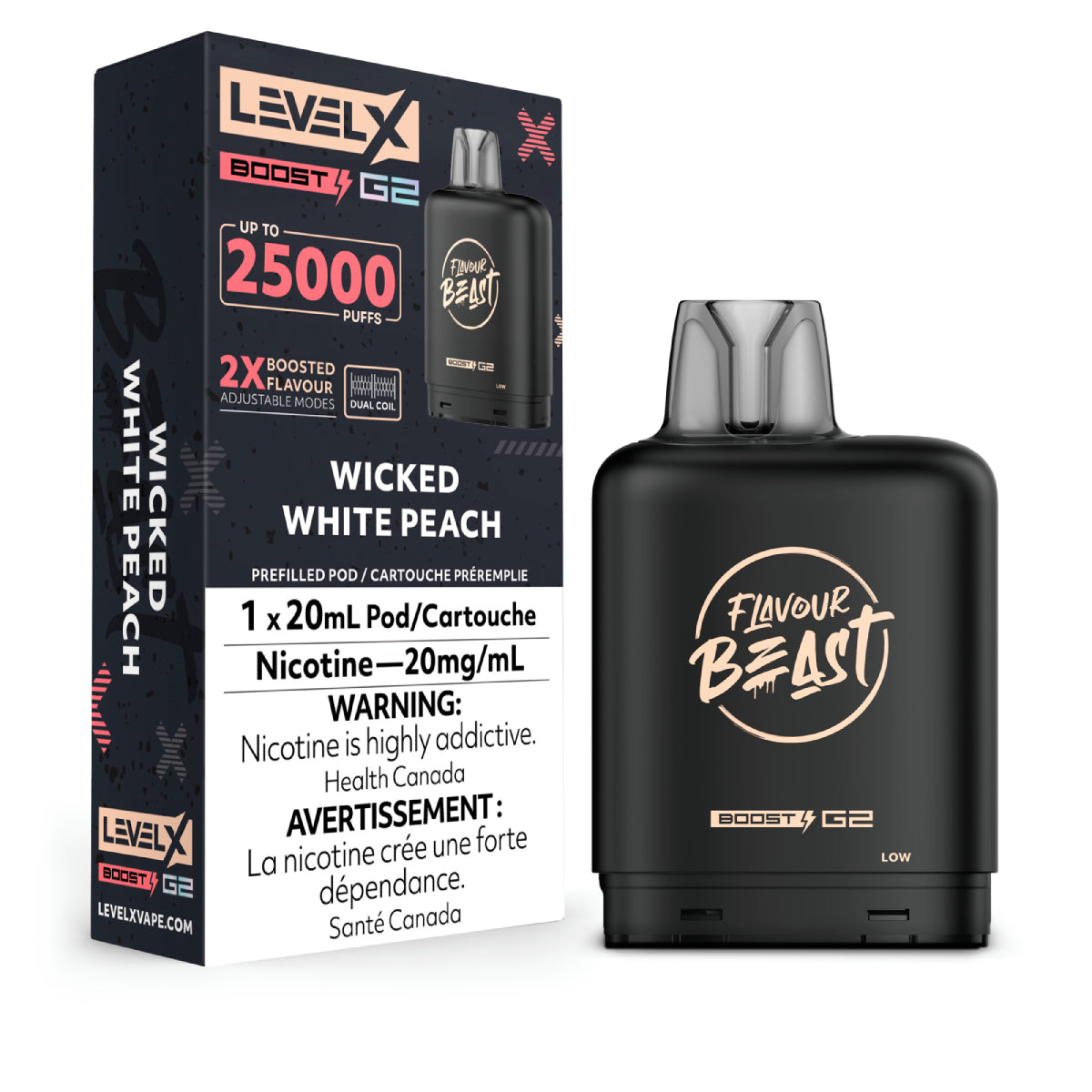 Level X - Wicked White Peach Boost Pods - Flavour Beast The Vape Store Level X - Wicked White Peach Boost Pods - Flavour Beast The Vape Store