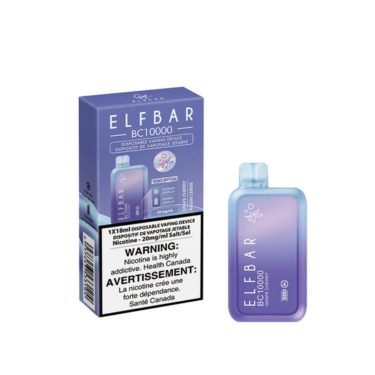 Elf Bar BC10000 Grape Cherry Ice delivers up to 10,000 puffs of grape and cherry flavor with an icy finish, smooth draws, and a rechargeable Type-C battery.