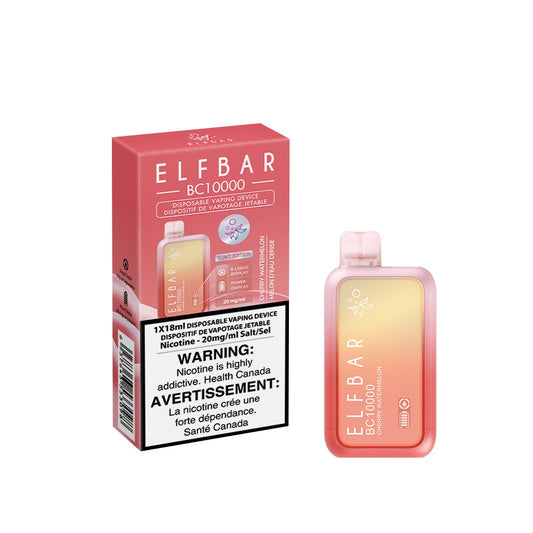Elf Bar BC10000 Cherry Watermelon delivers up to 10,000 puffs of cherry and watermelon flavor with smooth draws and a rechargeable Type-C battery.