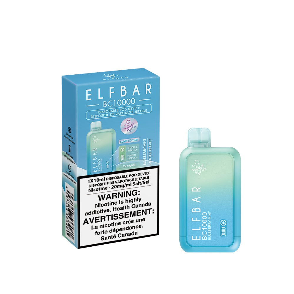 Elf Bar BC10000 Blueberry Mint delivers up to 10,000 puffs of sweet blueberry with a cool mint finish, smooth draws, and a rechargeable Type-C battery.
