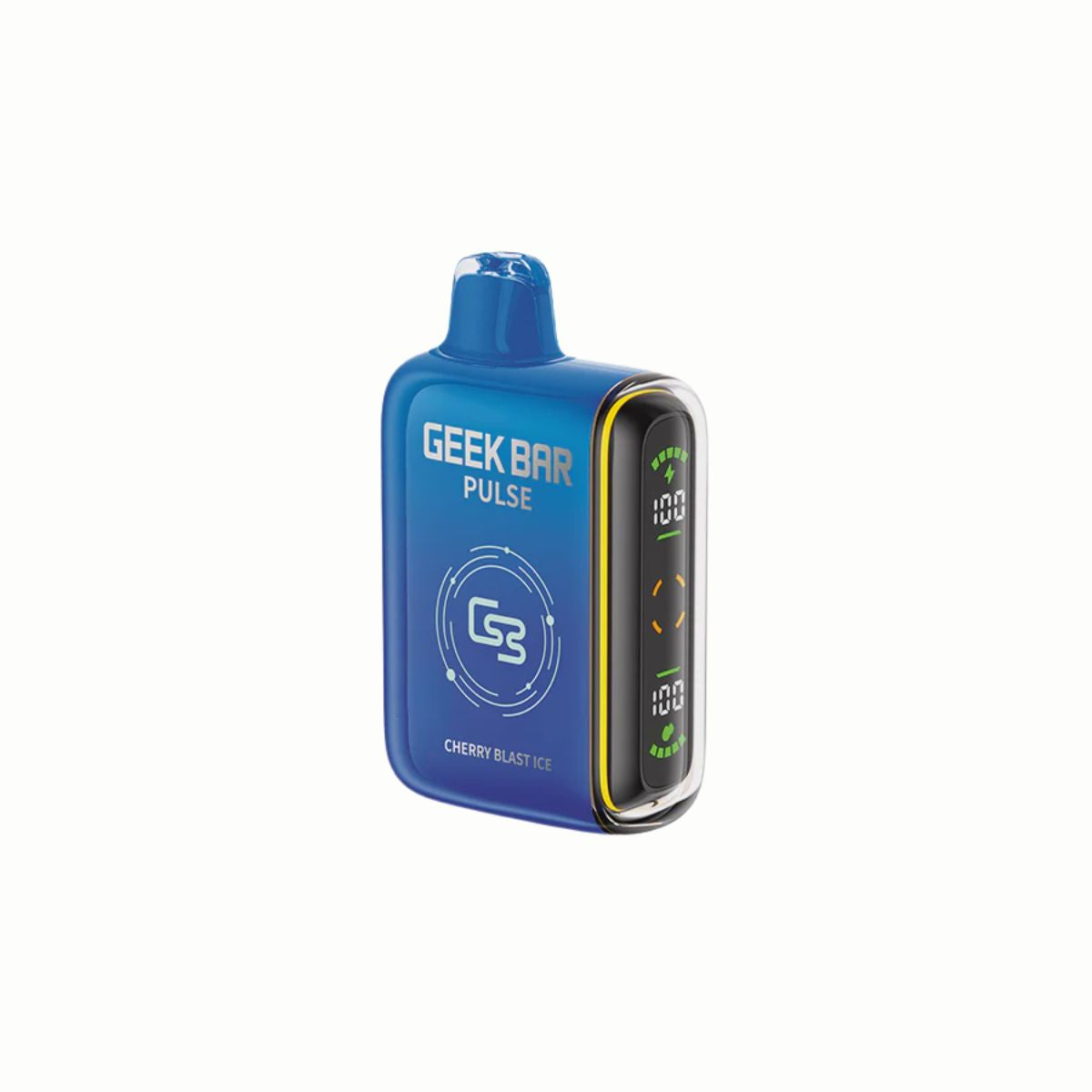 Geek Bar Pulse Cherry Blast Ice disposable vape in blue casing with LED display, bold cherry flavour and icy finish, sleek high-performance design.
