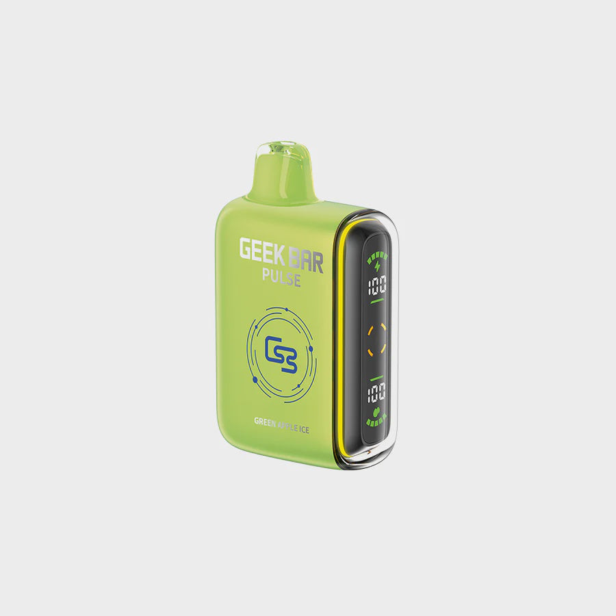 “Geek Bar Pulse Disposable Vape Green Apple Ice – sleek product, crisp tart green apple flavor with icy finish, premium device design.”