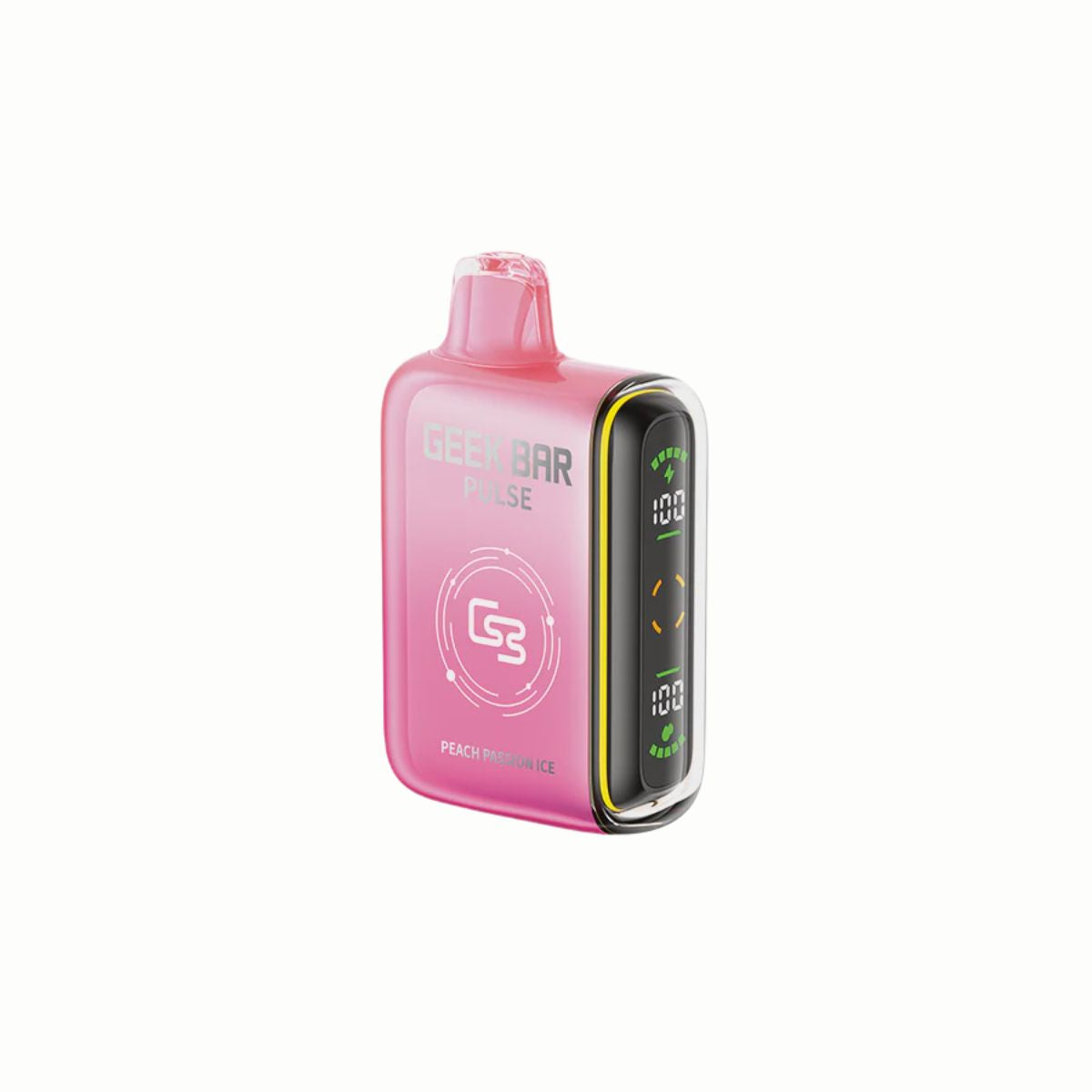 Geek Bar Pulse Disposable Vape Peach Passion Ice – sweet peach and tangy passion fruit with a menthol twist, featuring dual mesh coils and LED screen.