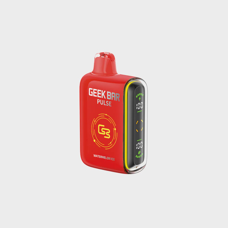Geek Bar Pulse Watermelon Ice disposable vape. Up to 9000 puffs per disposable, Mesh coil for great flavour,  Adjustable airflow and two power modes