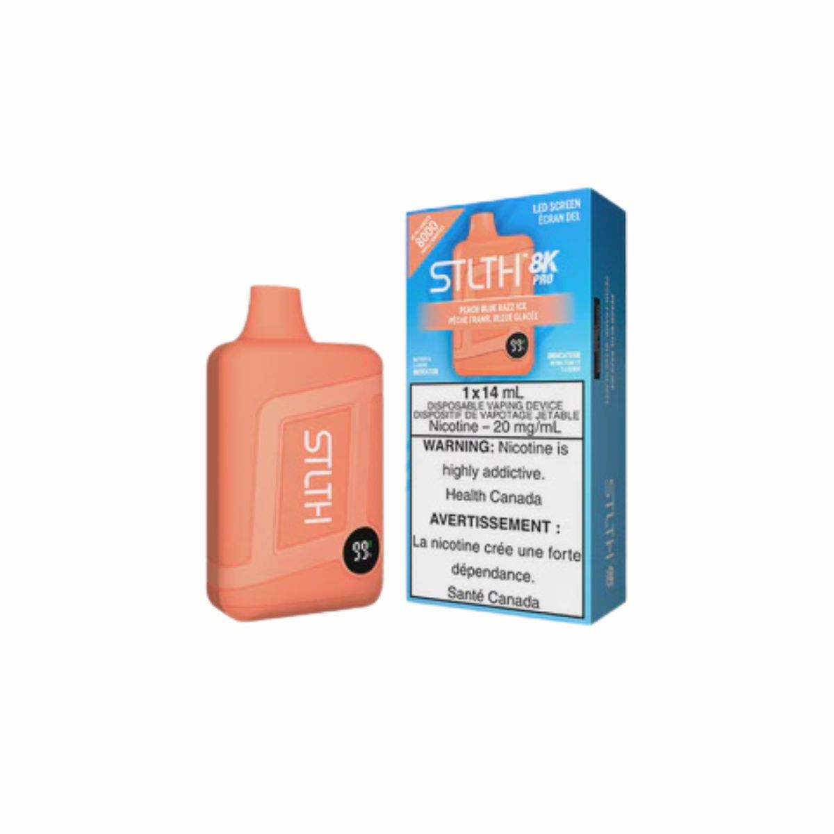 STLTH 8K PRO Peach Blue Razz Ice disposable vape with LED screen and nicotine warning.