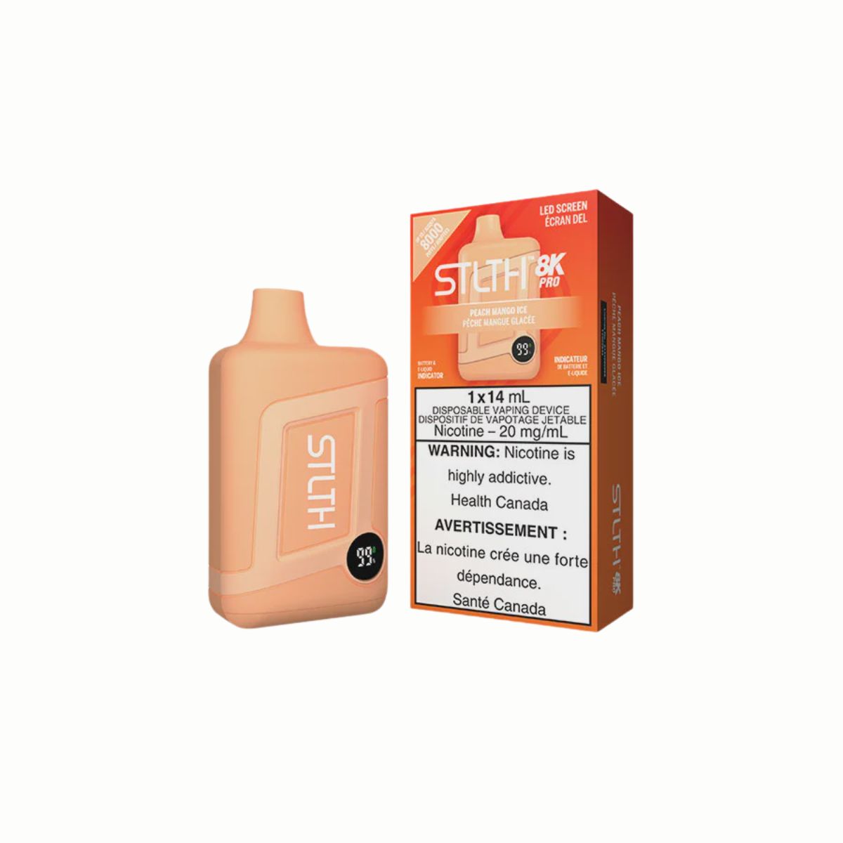 STLTH 8K PRO Disposable vape in Peach Mango Ice flavor, featuring a new LED screen and 14ml capacity.
