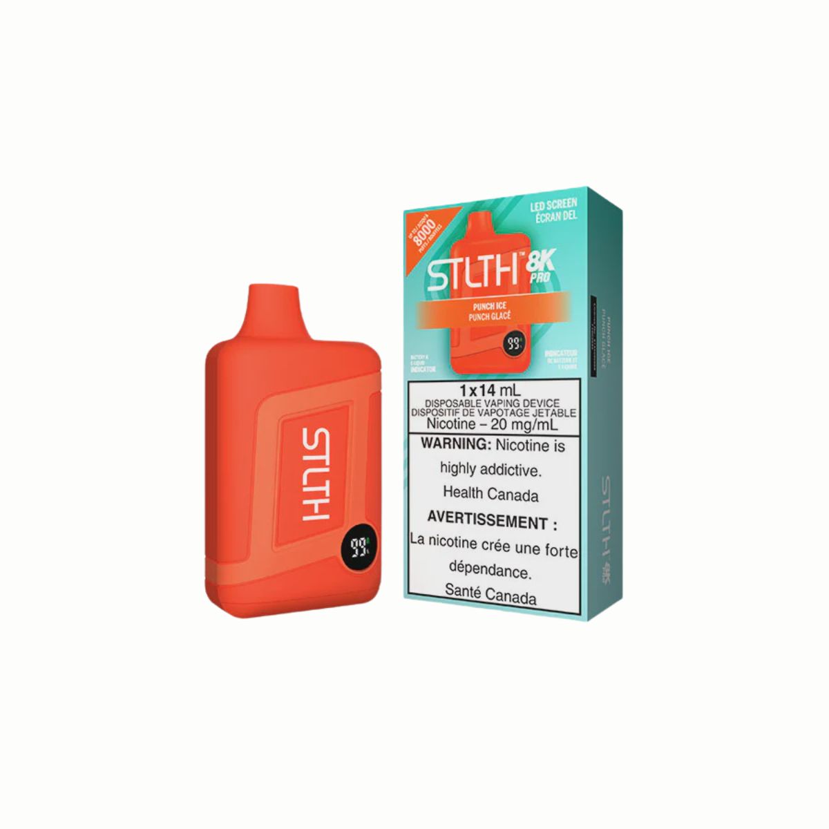 STLTH 8K PRO Disposable Punch Ice device with LED screen and vibrant orange packaging, offering a refreshing blend of exotic fruits.