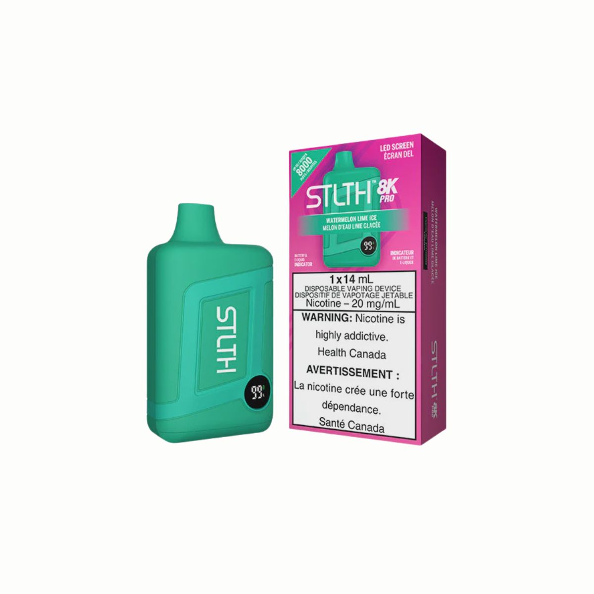 STLTH 8K PRO Disposable vape device in Watermelon Lime Ice flavor with LED screen and sleek design.