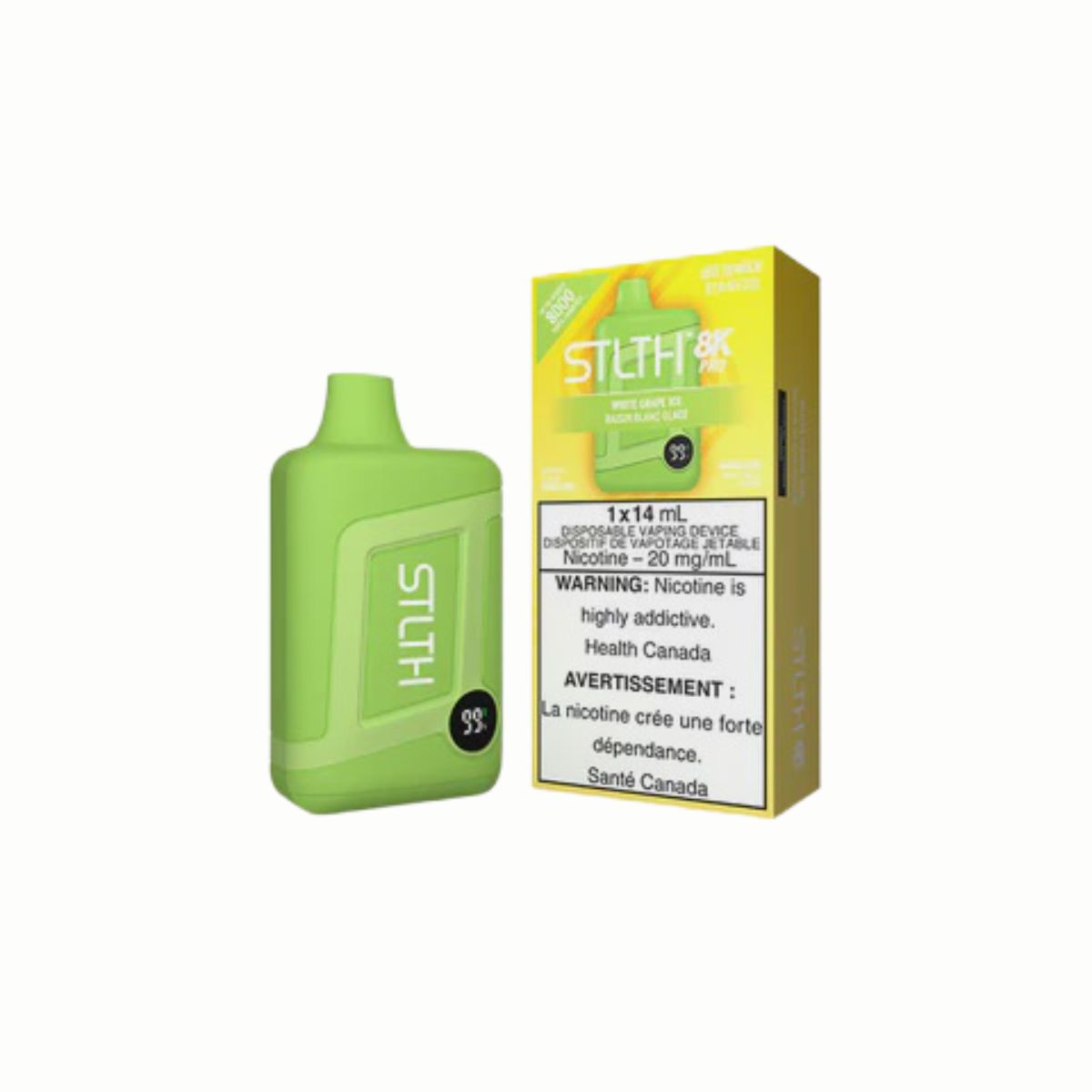 STLTH 8K PRO Disposable vape device packaging with white grape ice flavor, vibrant green design.
