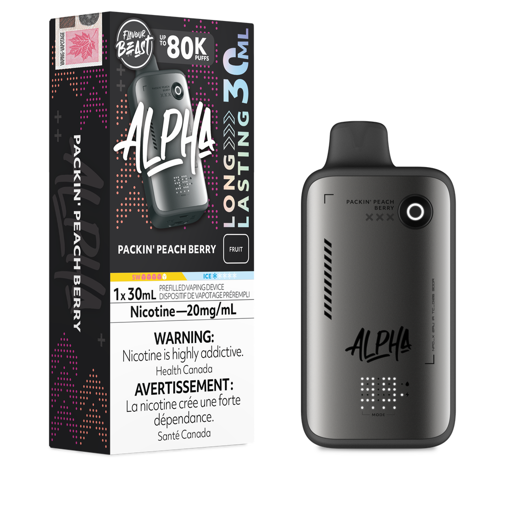 Flavour Beast Alpha Packin' Peach Berry 80K disposable vape 30mL 20mg nicotine Canada